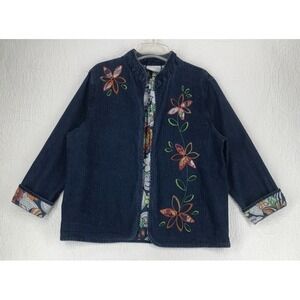 Alfred Dunner Denim Open Front Jacket Size 14 Embroidered Floral Print Lining